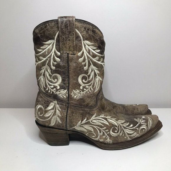 Corral Shoes - Corral White Embroidery Glow Brown Distressed Leather Western Cowboy Boot Size 7